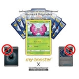 Carte Prismillon présentée devant plusieurs dos de cartes Pokémon, avec des visuels de cartes Énergie et Dresseur barrés.