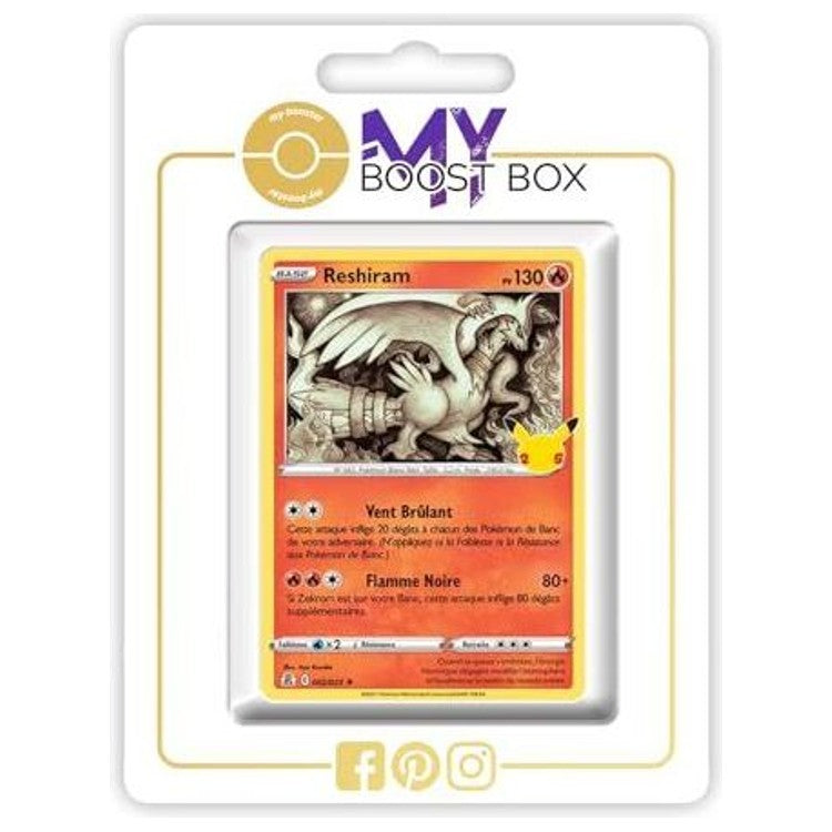 Carte Pokémon Reshiram 002/025 Holo de l’extension Célébrations, bloc Épée et Bouclier 7.5, vue de face en gros plan