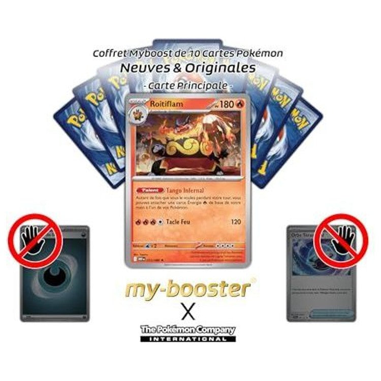 Présentation du coffret de dix cartes Pokémon avec Roitiflam devant neuf cartes montrées de verso.