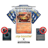 Présentation du coffret de dix cartes Pokémon avec Roitiflam devant neuf cartes montrées de verso.