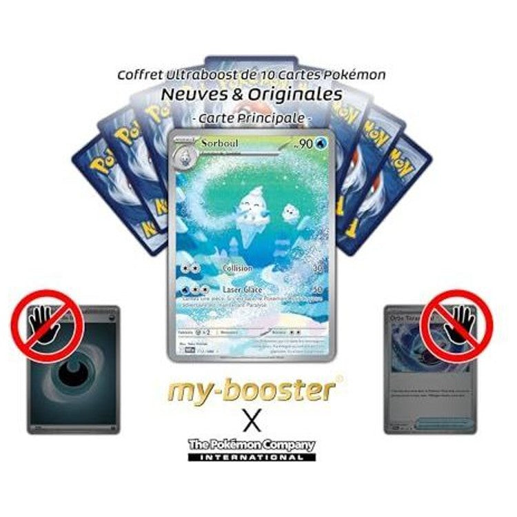 Sorboul 112/086 devant plusieurs dos de cartes Pokémon, avec des cartes Dresseur et Énergie barrées.