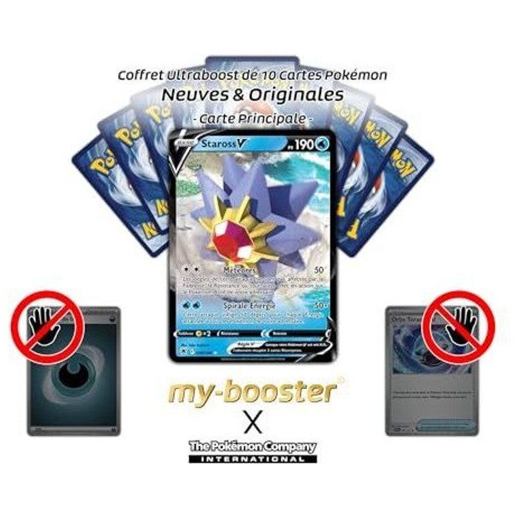 Carte Staross V devant plusieurs dos de cartes Pokémon, avec des visuels de cartes Énergie et Dresseur barrées.