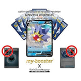 Carte Staross V devant plusieurs dos de cartes Pokémon, avec des visuels de cartes Énergie et Dresseur barrées.