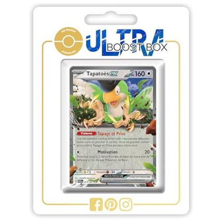 Carte Pokémon Tapatoès ex 075/091 en français, recto, de l’extension Destinées de Paldea Écarlate et Violet 4.5 dans un coffret Myboost.