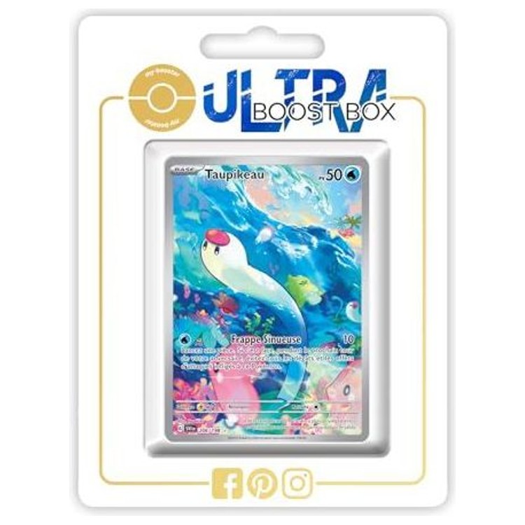 Taupikeau apparaît sur une carte illustrée de bleu, présentée dans un support blanc marqué Ultra Boost Box.