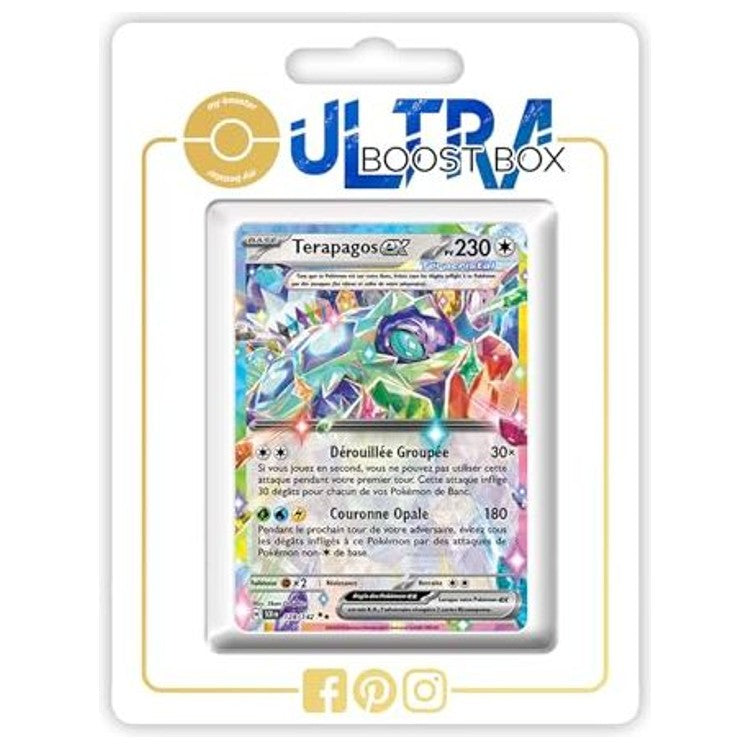 Carte Pokémon Terapagos ex 128/142 Téracristal, recto en français de l’extension Couronne Stellaire Écarlate et Violet 07, mise en avant dans le coffret Myboost.
