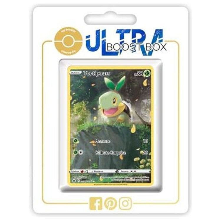 Carte Pokémon Tortipouss GG31/GG70 Galerie Secrète recto, édition française Zénith Suprême du bloc Épée et Bouclier mise en avant dans le coffret.