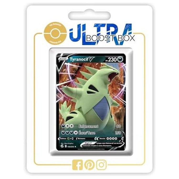 Carte Pokémon Tyranocif V 158/264 en français, version ultra rare de l’extension Poing de Fusion du bloc Épée et Bouclier, vue de face