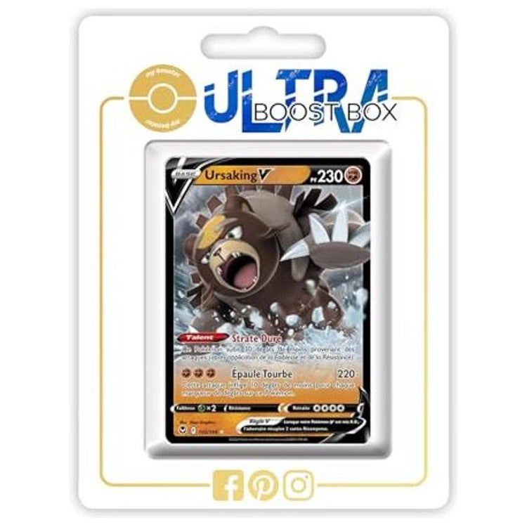 Carte Pokemon Ursaking V 102/195 ultra rare de l’extension Tempete Argentee EB12, vue de face avec l’illustration complete du Pokemon Combat.