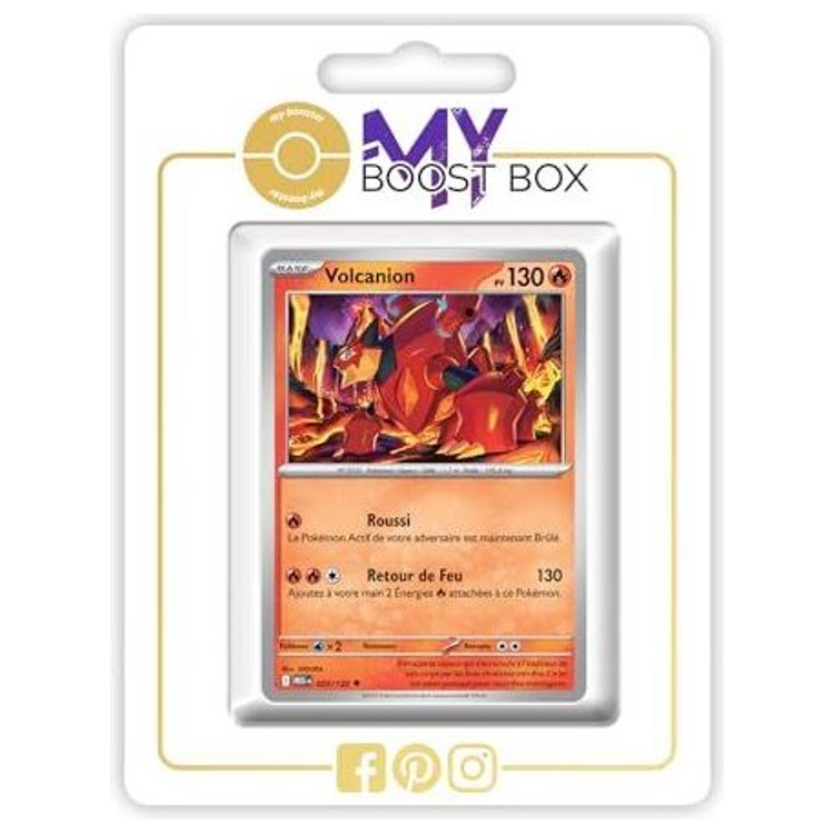 Carte Volcanion visible dans un emballage blanc My Boost Box, avec son illustration et ses attaques.