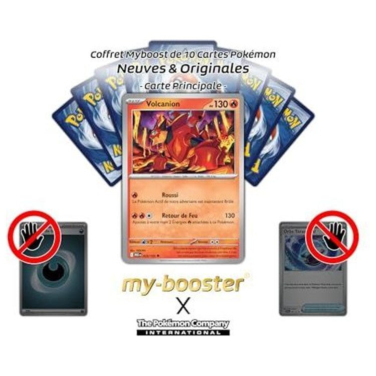 Présentation de la carte Volcanion devant plusieurs dos de cartes Pokémon et deux cartes barrées.