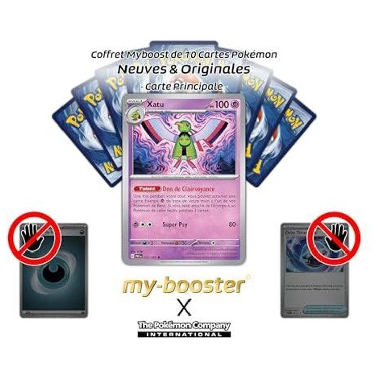 Carte Xatu présentée devant plusieurs dos de cartes Pokémon, avec des mentions sur les dix cartes et leur contenu.