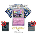 Carte Xerneas présentée devant plusieurs dos de cartes Pokémon, avec des mentions et des pictogrammes autour.