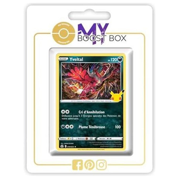 Carte Pokémon Yveltal 019/025 Holo de l’extension Célébrations, bloc Épée et Bouclier 07.5, vue de face en gros plan.