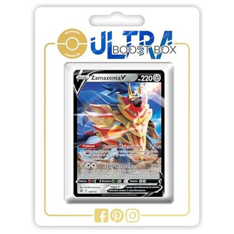 Carte Pokemon Zamazenta V 105/172 Ultra Rare de l’extension Stars Étincelantes EB09, vue de face avec l’illustration complete du Pokemon legendaire